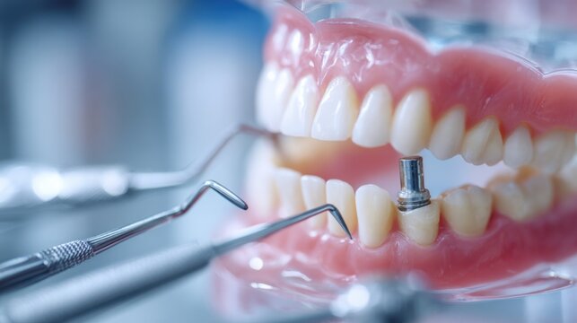 Close medium shot of an overdenture implant analog being inserted into a detailed jaw model with the abutment placement in sharp focus and blurred dental tools surrounding it.