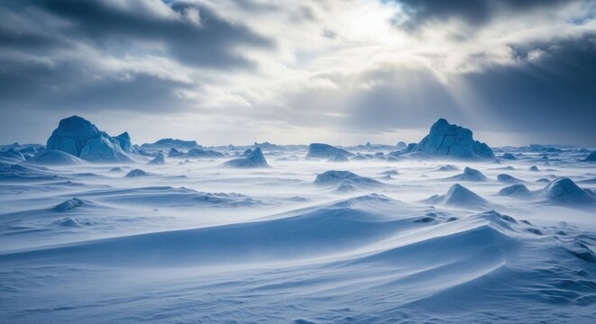 A vast, icy landscape with jagged ice formations and a dramatic sky with clouds and sunbeams.
