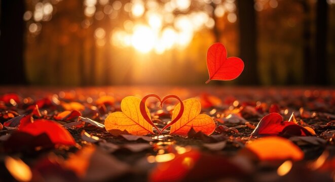 Two red leaves forming a heart shape on a forest floor with a golden sunset in the background.