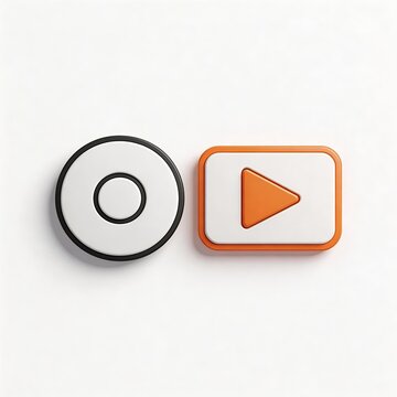 Two flat digital interface buttons: a circular stop button and a rectangular play button with orange triangle. White background, minimalist design for technology/UI contexts.