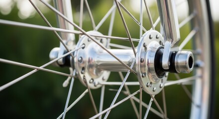 Fototapeta premium Polished aluminum bicycle wheel hub with radiating spokes, close-up detail.