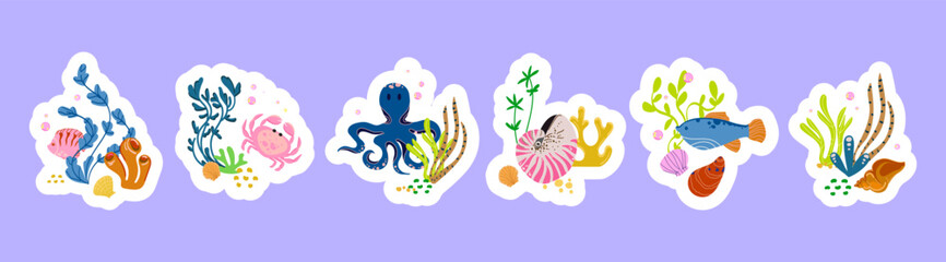 Sea Creatures Sticker Collection. Underwater stickers set with colorful sea creatures including fish octopus coral and shells ideal for planners scrapbooking, print, kids design . Vector illustration © Ilonka eva