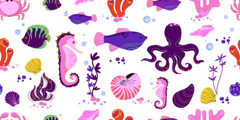 Seamless underwater pattern with colorful sea creatures including fish octopus seahorse and coral ideal for textiles wallpapers wrapping paper and kids design projects. Vector illustration © Ilonka eva