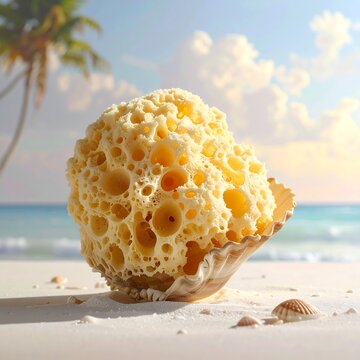 A large sponge-like shell on a sandy beach with palm trees