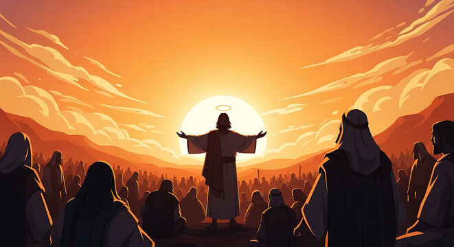 Divine presence inspires devoted followers as a spiritual leader imparts wisdom at radiant dawn