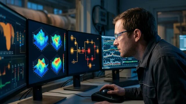 Closeup of a technician monitoring predictive algorithm alerts on a multiscreen interface optimizing kiln burner performance for energy savings and emission control.