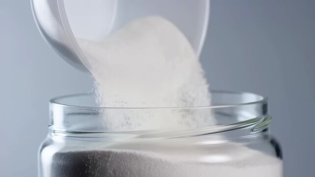 Pouring white sugar from a measuring cup into a glass jar. Essential ingredient for baking and cooking, representing sweetness and culinary creativity