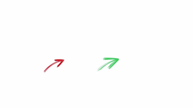Red and green hand drawn scribble arrows pointing upward with rough brush stroke style in flat 2d alpha channel on transparent background