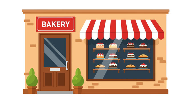 Illustration of a bakery storefront with a red and white awning and various pastries in the window