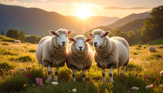 Three Sheep Standing in a Field with a Sunset.