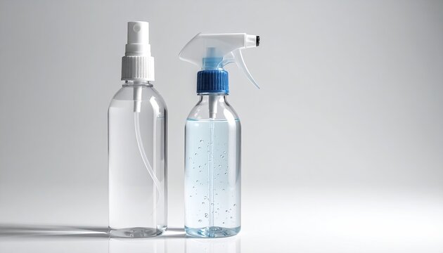 Transparent spray bottles filled with liquid for sanitizing or cleaning; studio shot on white background hygiene concept for commercial use