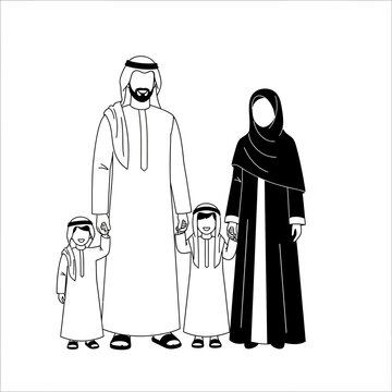 Arabian family in traditional clothing standing.