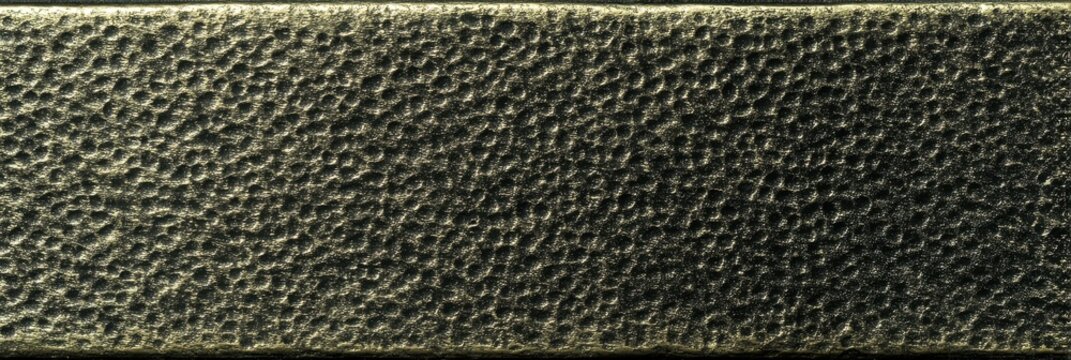 A detailed view of a hammered black and brass metal texture tile with a dimpled surface. The dark metallic material features a matte finish and subtle golden highlights on the strip.