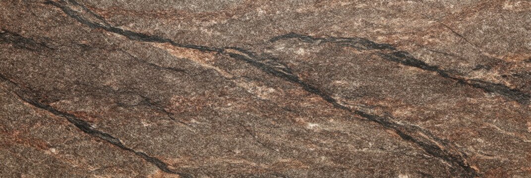 A detailed close-up of a honed brown gneiss stone texture featuring natural dark veins and a grainy surface. This metamorphic rock pattern is ideal for architectural backgrounds.