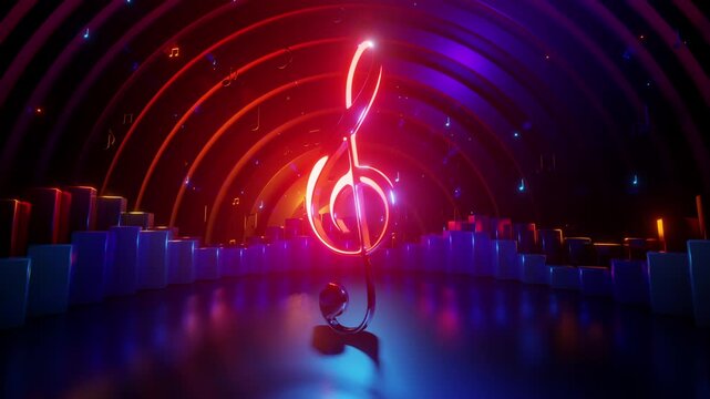 4K seamless VJ loop with glowing treble clef and music notes for classical concerts, stage screens, electronic festivals and LED video walls