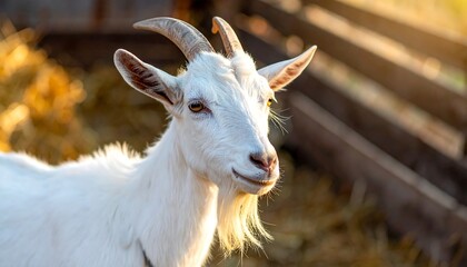 Obraz premium White Goat with Horns in Sunlight - A Close-Up Portrait.