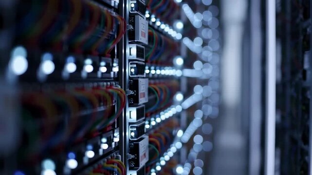 Close-up of illuminated server racks with colorful cables in a data center. Represents the backbone of modern technology and digital infrastructure