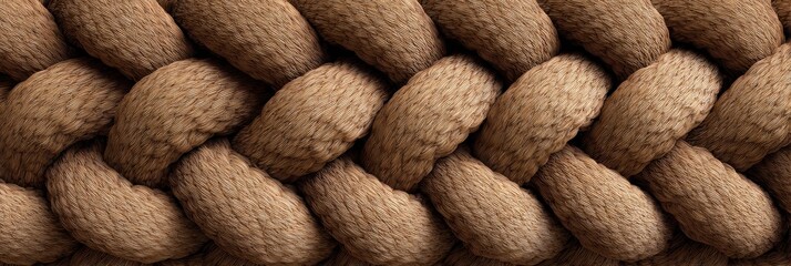 A detailed view of a thick braided rope featuring a warm brown color and fibrous texture. The interlocking strands create a rhythmic pattern with soft, diffuse lighting across the frame.