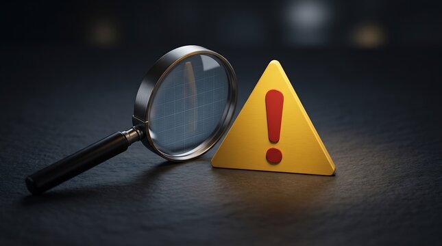 Magnifying glass examining a yellow warning sign with red exclamation mark