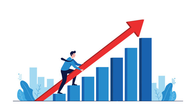 Businessman climbing up rising blue bar chart while holding onto red growth arrow representing career advancement and success.