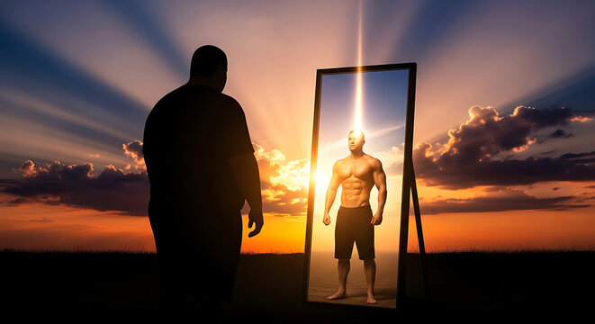 Overweight man envisions his ideal muscular physique in a mirror, symbolizing fitness goals and personal transformation at sunset