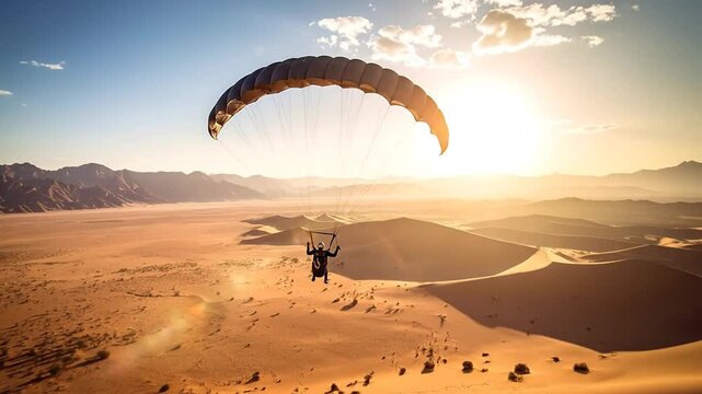 Paragliding Adventure Over Desert Dunes at Sunset.