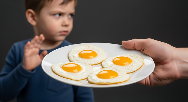 Child refuses to eat fried eggs on a plate offered by an adult hand
