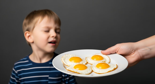 Little boy grimacing at a plate of fried eggs being offered to him