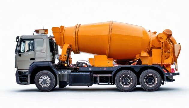 Orange Cement Mixer Truck Isolated on White Background.