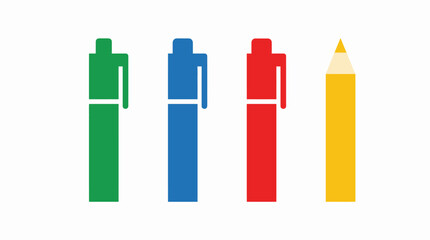 Four colorful writing instruments, including three markers in green, blue, and red, and one yellow pencil, standing upright on a white background. © Abhinaya Project