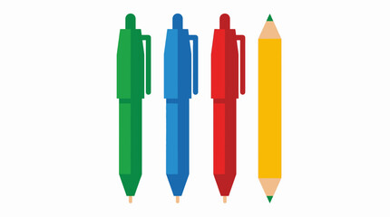 Three colorful ballpoint pens in green, blue, and red, alongside a yellow wooden pencil with a green tip, standing upright on a white background. © Abhinaya Project