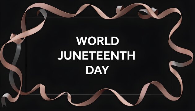A graphic design celebrating World Juneteenth Day with a black background and brown ribbon