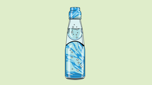 Iconic bottle of ramune soda is depicted with its unique shape and blue marble stopper against a soft green background for summer themes.