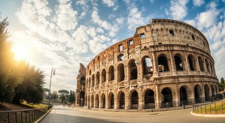 Fototapeta premium Ancient colosseum in rome with sunlight and blue sky ruins architecture