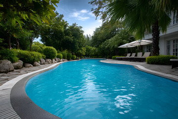 Obraz premium Serene swimming pool surrounded by lush greenery and palm trees, featuring comfortable lounge chairs, inviting water, and a tranquil atmosphere for relaxation and leisure