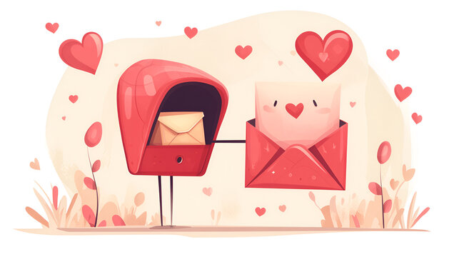 Colorful illustration of a cheerful mailbox holding a love letter, surrounded by hearts and flowers, symbolizing love and connection in a whimsical, romantic setting