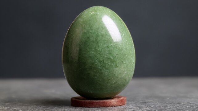 A smooth, polished, deep green jade egg gemstone rests on a simple wooden stand, showcasing its natural beauty and cool hue.