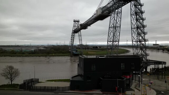 The transporter bridge in Newport, Wales, drone flight above