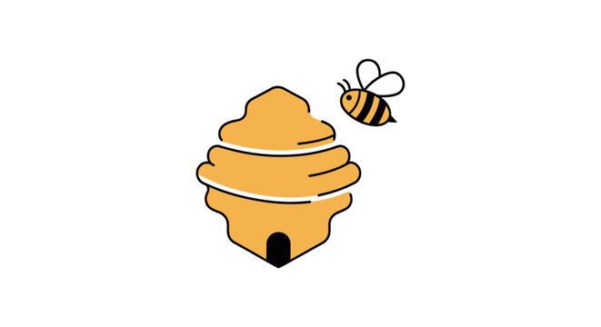 Bee flying near honeycomb hive structure.