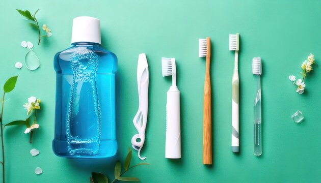 Oral hygiene essentials - mouthwash and toothbrushes on green background.