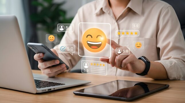 Person is interacting with a holographic interface displaying a large happy emoji and star ratings, while holding a smartphone and sitting with a laptop.