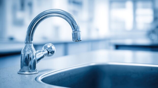 Close-up of a modern chrome faucet over a stainless steel sink, showcasing water flow and hygiene facilities.