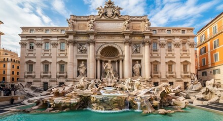 Fototapeta premium Grand baroque fountain with sculptures in front of ornate building in rome architecture