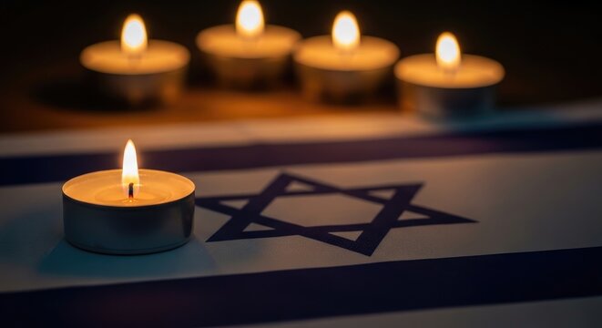 Lit candle in front of an israeli flag with a star of david and additional candles in the background