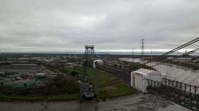 The transporter bridge in Newport, Wales, drone flight above