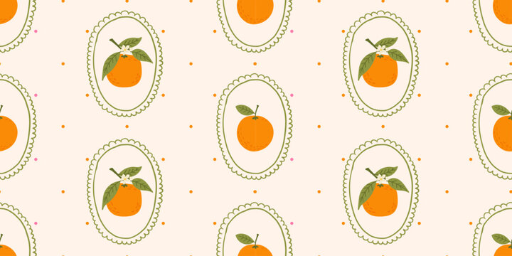 Seamless fruit pattern with oranges in whimsical hand drawn style. Trendy citrus fruit background with doodle frames and dots. Cute vector illustration for textile print, wrapping paper and wallpaper