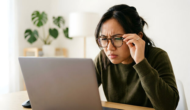 Woman leans closer to screen to see details more clearly.