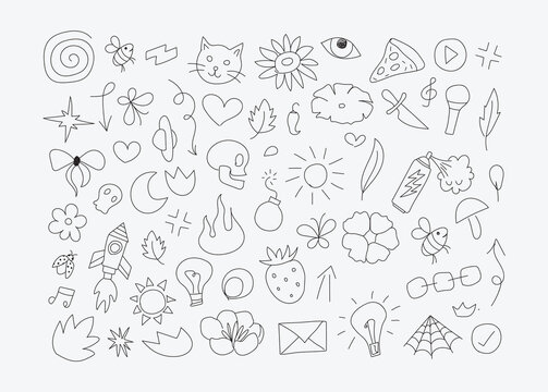 Cute Hand-Drawn Doodle Icons Set &ndash; Kawaii Cartoon Sketch Elements Collection, Vector Line Art Illustration for Stickers, Social Media, and Creative Design