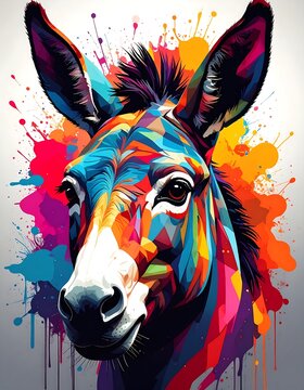 Colorful Donkey Portrait with Abstract Paint Splatter Background.