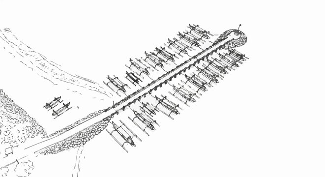 Aerial view sketch of a marina with boats docked and a winding path on land
